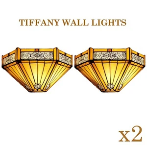 Tiffany Style Multicolor Pair of Wall Sconce Light Lamps 12" Stained Glass Shade - Picture 1 of 15