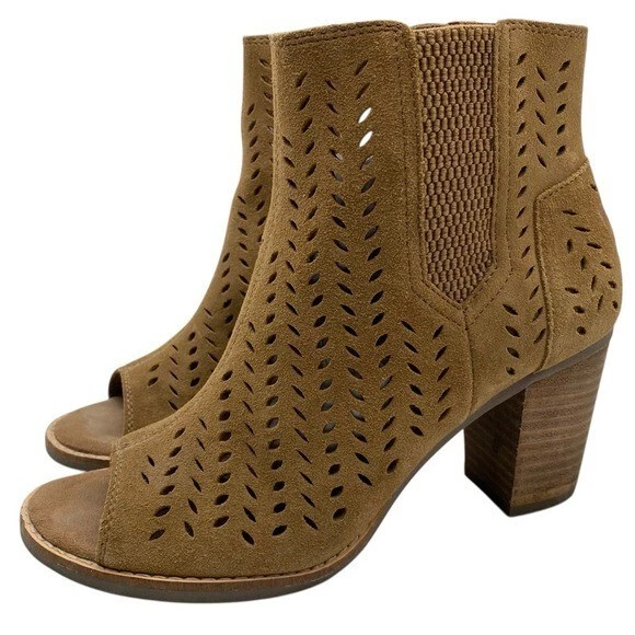TOMS Womens Shoes Majorca Booties Sz 6 Brown Leather Perforated Peep Toe Ankle - Image 1 of 4