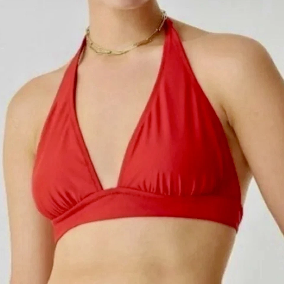 J.Crew DD Halter Tie-Back Bikini Top With Mesh BY633 Bright Cerise Red Sz S