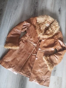 WEATHERPROOF Y2K Vintage size M camel brown genuine leather faux fur cuff coat - Picture 1 of 11