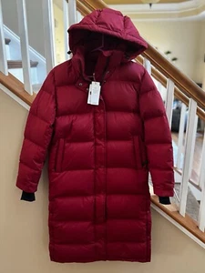 NWT Quince Women’s Hooded Responsible Long Down Puffer Jacket Cherry Red XS - Picture 1 of 20