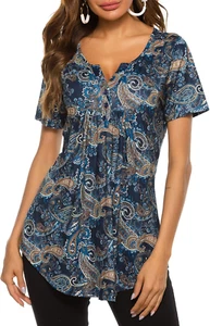 Women'S Floral Printed Short Sleeve Henley V Neck T-Shirt Pleated Casual Flowy T - Picture 1 of 30