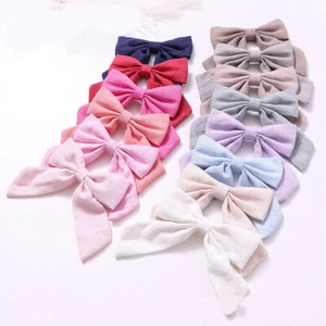Cotton Linen Solid Long Tail Bow Hair Clip Alligator Clip Girls Barrettes ⓧ - Picture 1 of 26