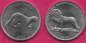 CONGO DEMOCRATIC REP 25 CENTIMES 2002 UNC 1 YEAR TYPE,AFRICAN STRIPED WEASEL(POE - Picture 1 of 1