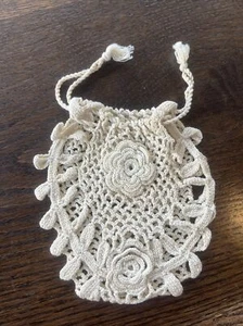 Vintage Handmade Crochet Cotton Purse Handbag Drawstring No Lining Round - Picture 1 of 4