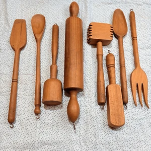 Vintage Antique Primitive Wooden Kitchen Utensils With Hooks Lot Of 8pcs - Picture 1 of 6