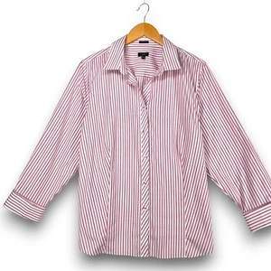 Talbots 16 WP Petites Plus Wrinkle Resistant Button Up Striped Shirt White Red - Picture 1 of 8