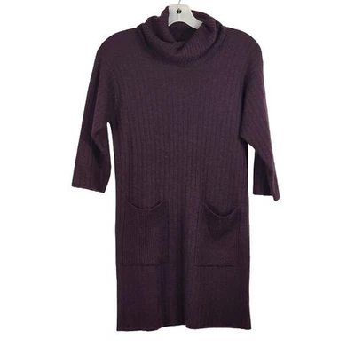 Tweeds Merino Blend Sweater Dress Sz M Purple Turtleneck 3/4 Sleeves Pockets - Image 1 of 4