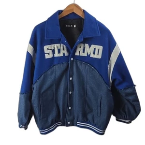 Embroidered Mens Patchwork Bomber Blue and White Jacket XL - Picture 1 of 10