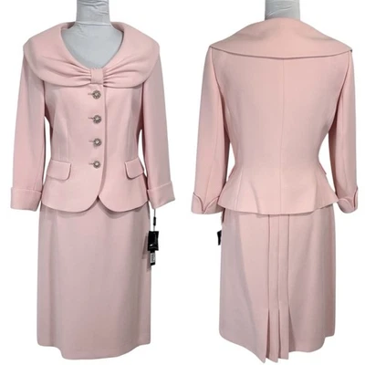 NEW Tahari ASL Bow Blazer Skirt Suit Size 6 4 Pleated Pastel Pink Icon 2 Pc Set - Image 1 of 4