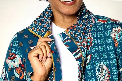 Sport Savvy Printed Patchwork French Terry Jacket A655347 Peacock 1X - Image 1 of 2