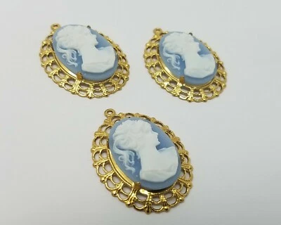 3 piezas 25 mm De Colección Azul Victoriano Dama Artesanal Joyería Camafeos Filigrana Dorada Ajustes Foto 1 de 4
