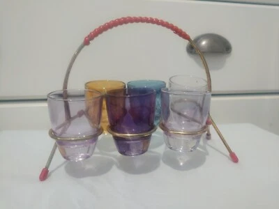 Vintage Kirsch mid century 6 lustre shot glasses In brass stand 1950s  - Image 1 of 4