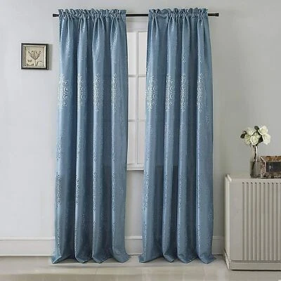 Jacquard Window Curtain Panel Belgium Shiny Damask Rod Pocket 54x84 Blue 1 PC - Image 1 of 4