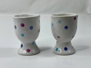 Studio 33  2 White With Pink, Purple, Blue Polkadots Ceramic Egg Cup Holders - Picture 1 of 5