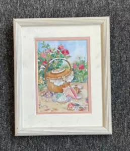 FRAMED COMPLETED EMBROIDERY: BEACH BASKET & SHELL: 28 x 22cm(MARKING ON FRAME) - Picture 1 of 1
