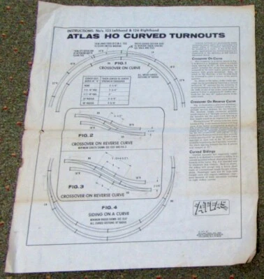 Vintage Atlas HO Curved Turnouts Instructions For 125LH & 126RH Tracks (1977) - Image 1 of 4