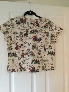Blusa de algodón vintage Doghouse estilo década de 1950 ""Cowboy"" rockabilly talla 12 - Imagen 1 de 8