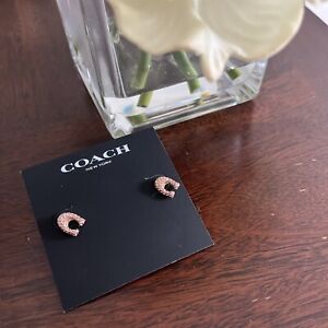 Authentic Coach Rose Gold Signature C Crystal Stud Earrings New