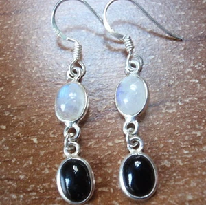 Black Onyx & Moonstone 925 Sterling Silver Earrings Corona Sun Jewelry h106r - Picture 1 of 3