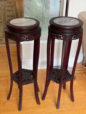 1 PAIR VINTAGE CHINESE HONGMU CARVED WOOD AND MARBLE PEDESTAL STANDS 29.5” - Image 1 of 4