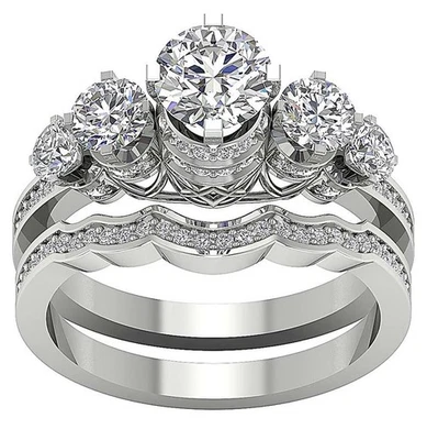 VS F 2.15 Ct Lab Grown Diamond 5 Stone Engagement Bridal Ring Set 10K White Gold - Image 1 of 4