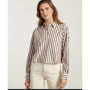 Everlane 100% Cotton Button-Up Blouse Striped Brown / White Size XL Casual Work - Picture 1 of 9