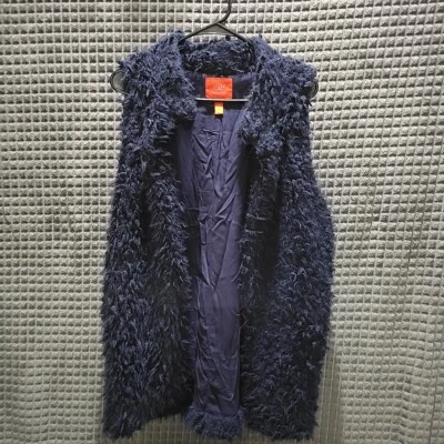Y2K Faux Fur Long Vest SzLg C&V Open Blue Cozy Baddie Glam Rock Hippie Punk Mod - Image 1 of 4