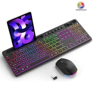 Wireless Keyboard Mouse Combo Backlit Full Size Ergonomic Set with Phone Tablet - Picture 1 of 7