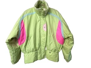 OBERMEYER Ski Jacket Coat Neon Green Pink Vtg Retro 80s 90s Womens Sz 14 - Picture 1 of 14