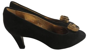 vtg Joan & David Black Suede Pumps 6M Made in Italy NWOT Gold Rossette Accent - Picture 1 of 12
