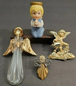 4 Old Angels - 2 Pins AJC Rhinestones 1 Ceramic Praying Angel 1 Glass Ornament  - Picture 1 of 12