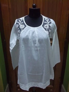 BLOUSE S 38" TOP 100% COTTON ETHNIC CHIKAN EMBROIDERY HANDMADE KURTA KURTI TUNIC - Picture 1 of 6