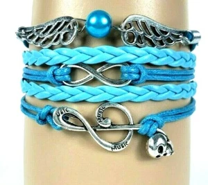 Angel Wings Music & Skull Sky Blue Infinity Layer Wrap Bracelet - Picture 1 of 5
