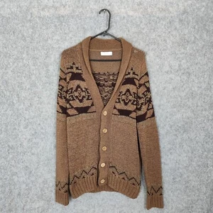 Zara Cardigan Mens Medium Brown Aztec Chunky Knit Shawl Collar Navajo Grandad - Picture 1 of 9