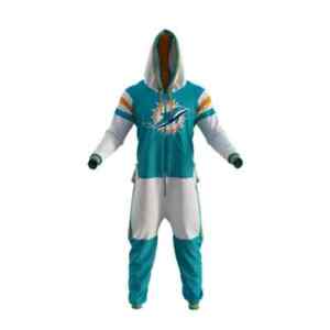 NEW! Miami Dolphins Logo Uniform Fleece Pajamas PJ - Zip Up One Piece - Sz L