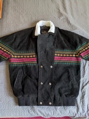 Oscar Piel  JACKET BOMBER Large BLACK SUEDE KNIT SWEATER Insert Aztec  - Image 1 of 4