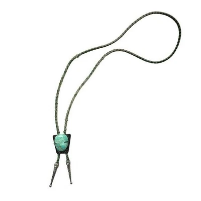 Vintage Southwestern Bolo Gravata Verde Turquesa Pedra Couro Trançado Prata - Imagem 1 de 4