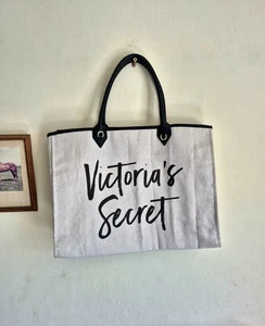Black & Beige Victoria secret canvas medium tote Beach bag - Picture 1 of 9