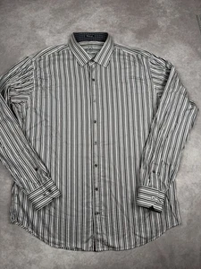 Bugatchi Uomo Shirt Mens Large Black White Gray Striped Classic Fit Long Sleeve - Picture 1 of 16