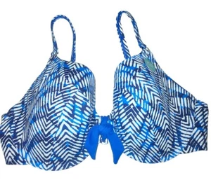 Ladies 36 E Bikini Top Blue M&S Underwired Padded Adjustable Straps Geometric - Picture 1 of 6