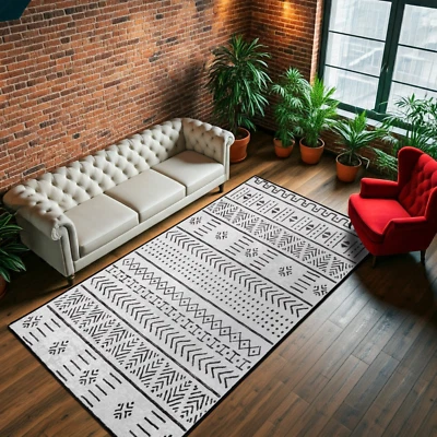 Scandinavian-Patterned Black & White Carpet with Non-Slip Base Rug, Ethnic Rug - Image 1 of 4