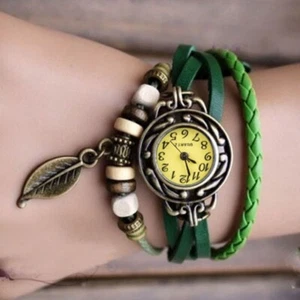 Womens Bracelet Weave Wrap Quartz Leather Leaf Beads Wrist Watches - Picture 1 of 3