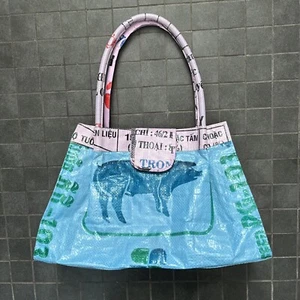 RECYCLED Upcycled Vietnamese Rice Sack Shoulder Bag Purse Shopping Tote Handmade - Picture 1 of 10