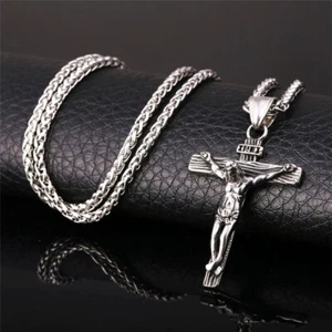 Collana da uomo in acciaio inox con ciondolo croce crocifisso Gesù Cristo catenina - Foto 1 di 6