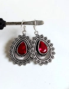 Oxidized 925 Silver Plated Earrings Pair Red Ruby Loose Gemstone - Picture 1 of 3