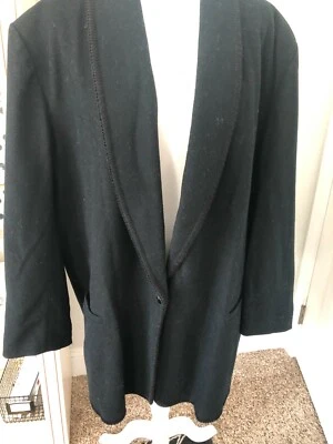 Vtg Sz 22  2X  HARRIS WALLACE Black WOOL JACKET 1 Button BLAZER Blanket Stitch - Image 1 of 4