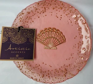 Artistic Accents Turkish Glass 7" Plate Candy Dish Pink with Gold Clam Shell - Picture 1 of 9