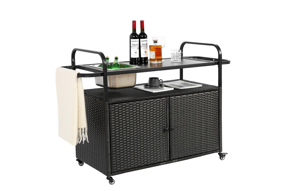 Mesa de bar exterior, carro de bar de mimbre con gabinete, carro de servicio de patio para jardín Foto 1 de 4