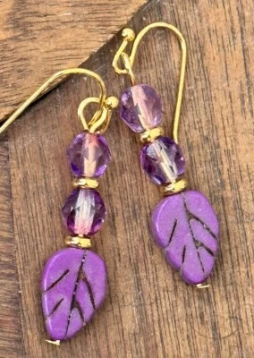 Gold, Purple Stone Leaves and Crystal Beads - Image 1 of 3